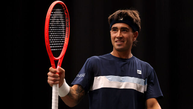 GRONINGEN, NETHERLANDS - SEPTEMBER 13: Francisco Cerundolo of Argentina celebrates a point won against Jesper De Jong of Netherlands during the 2025 Davis Cup Qualifier second round match between Netherlands and Argentina at MartiniPlaza on September 13, 2025 in Groningen, Netherlands.