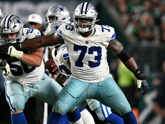 PHILADELPHIA, PA - SEPTEMBER 04: Dallas Cowboys guard Tyler Smith (73) blocks during the game between the Dallas Cowboys and the Philadelphia Eagles on September 4th, 2025 at Lincoln Financial Field in Philadelphia, PA.