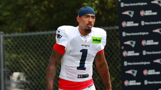 FOXBOROUGH, MA - AUGUST 04: New England Patriots wide receiver Ja'Lynn Polk (1) walks to the field during New England Patriots training camp on August 4, 2025 at Gillette Stadium in Foxborough, Massachusetts.
