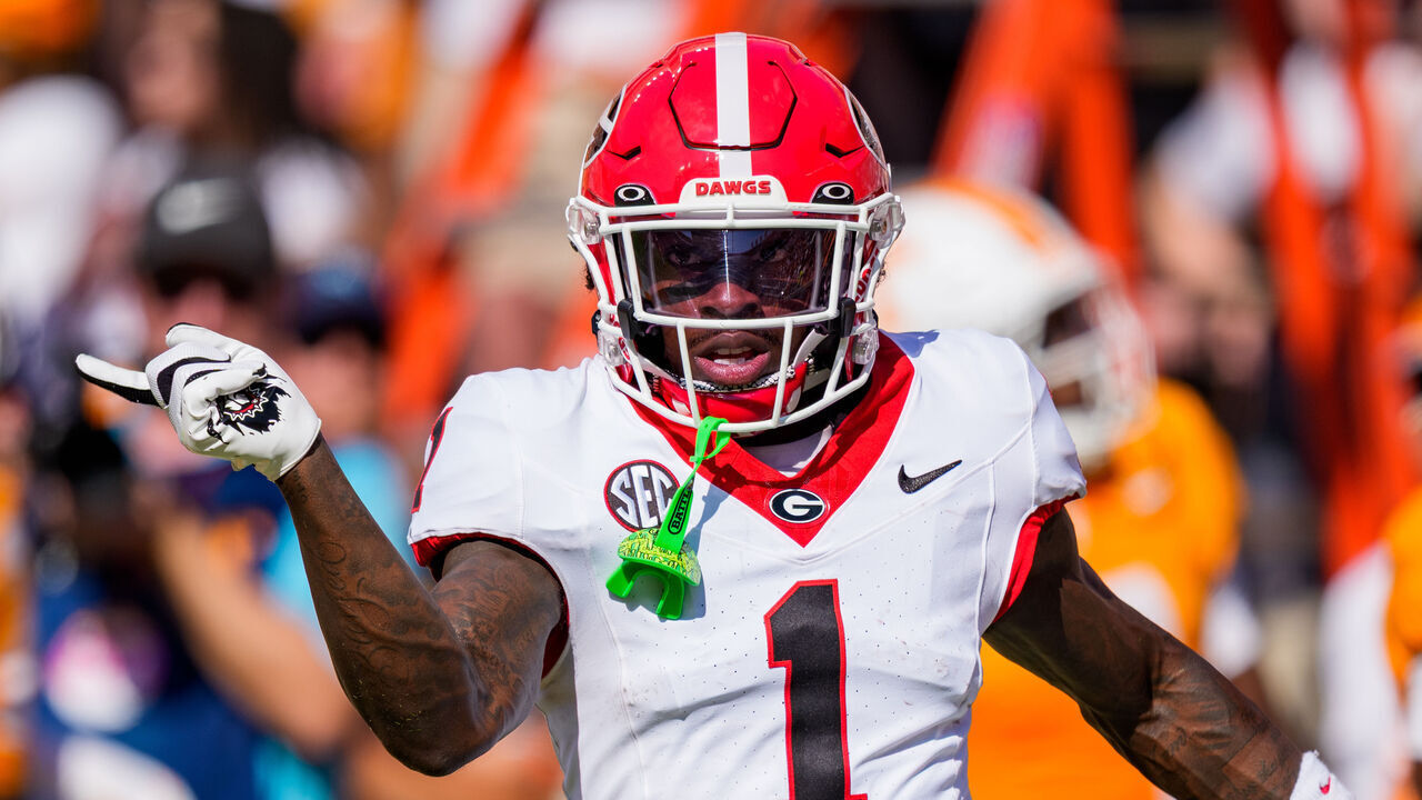 KNOXVILLE, TENNESSEE - SEPTEMBER 13: Zachariah Branch #1 of the Georgia Bulldogs reacts after scoring a touchdown in the first half during their game against the Tennessee Volunteers at Neyland Stadium on September 13, 2025 in Knoxville, Tennessee.