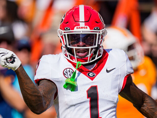 KNOXVILLE, TENNESSEE - SEPTEMBER 13: Zachariah Branch #1 of the Georgia Bulldogs reacts after scoring a touchdown in the first half during their game against the Tennessee Volunteers at Neyland Stadium on September 13, 2025 in Knoxville, Tennessee.