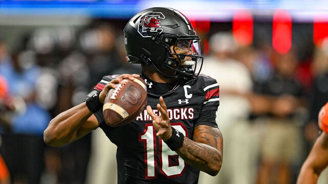 ATLANTA, GA AUGUST 31: South Carolina quarterback LaNorris Sellers (16) drops back to pass during the AFLAC Kickoff Game between the South Carolina Gamecocks and the Virginia Tech Hokies on August 31st, 2025, at Mercedes-Benz Stadium in Atlanta, GA.