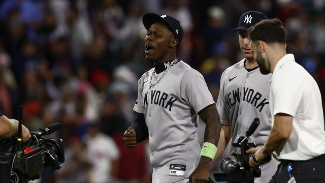 BOSTON, MA - SEPTEMBER 13: Jazz Chisholm Jr. #13 of the New York Yankees celebrates after their 5-3 win over the Boston Red Sox at Fenway Park on September 13, 2025 in Boston, Massachusetts.
