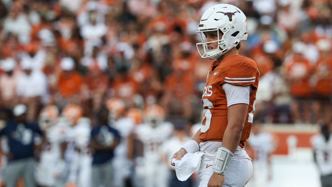 AUSTIN, TX - SEPTEMBER 13: Quarterback Arch Manning #16 of the Texas Longhorns looks to the sidelines during the college football game between Texas Longhorns and UTEP Miners on September 13, 2025, at Darrell K Royal - Texas Memorial Stadium in Austin, TX.
