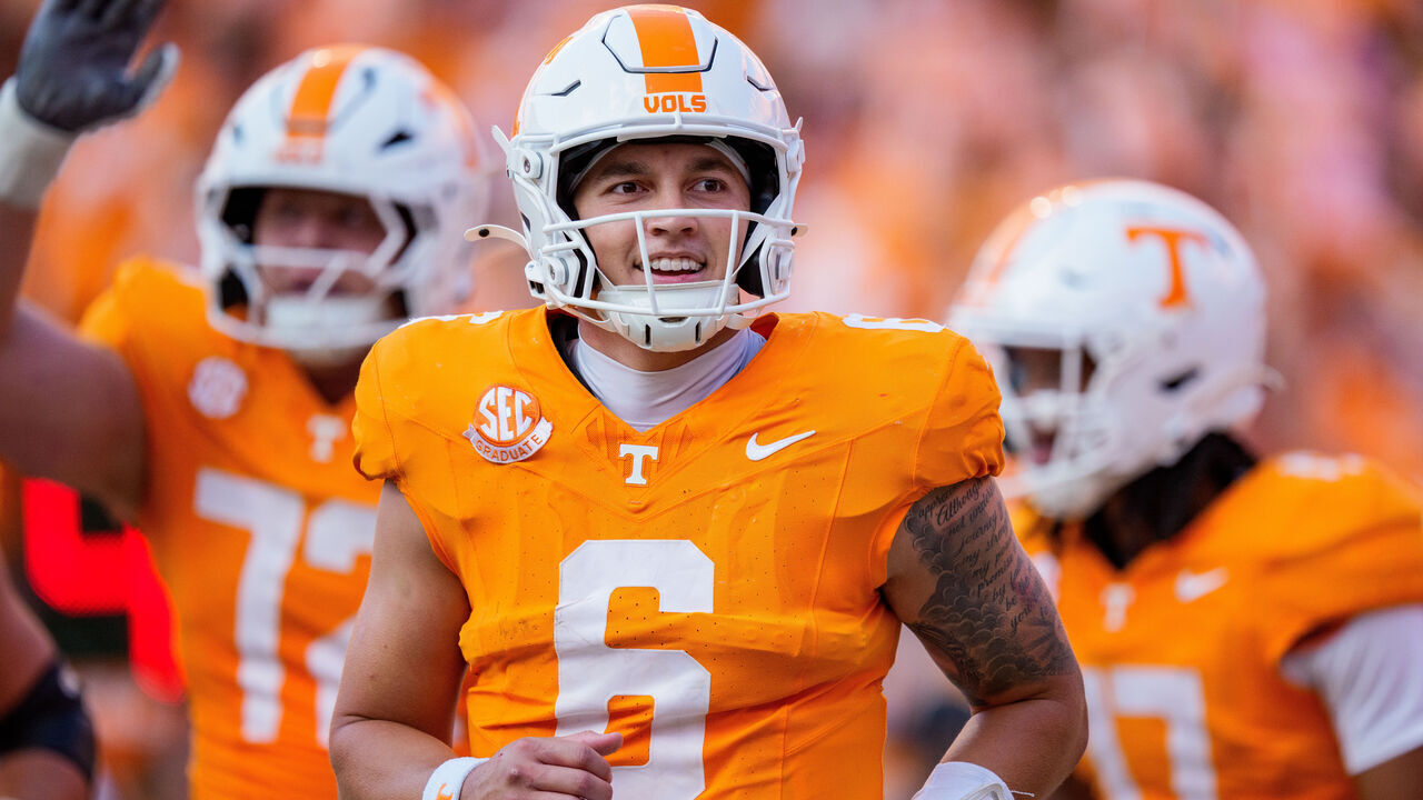 KNOXVILLE, TENNESSEE - SEPTEMBER 13: Joey Aguilar #6 of the Tennessee Volunteers looks on in the second half during their game against the Georgia Bulldogs at Neyland Stadium on September 13, 2025 in Knoxville, Tennessee.