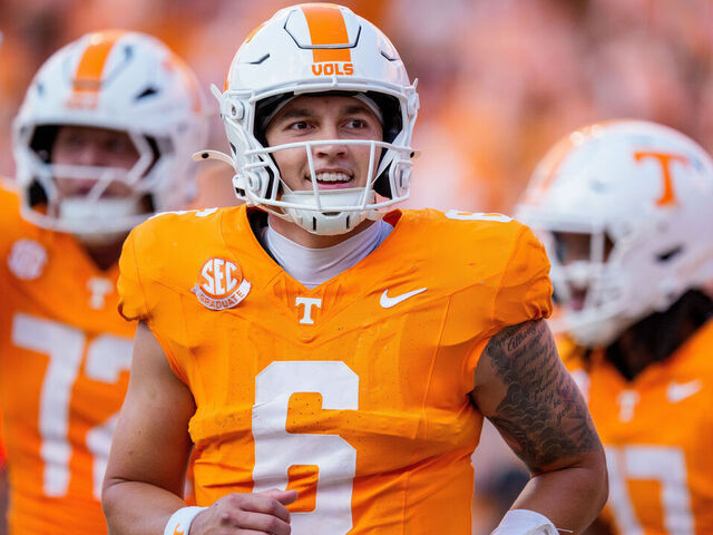 KNOXVILLE, TENNESSEE - SEPTEMBER 13: Joey Aguilar #6 of the Tennessee Volunteers looks on in the second half during their game against the Georgia Bulldogs at Neyland Stadium on September 13, 2025 in Knoxville, Tennessee.