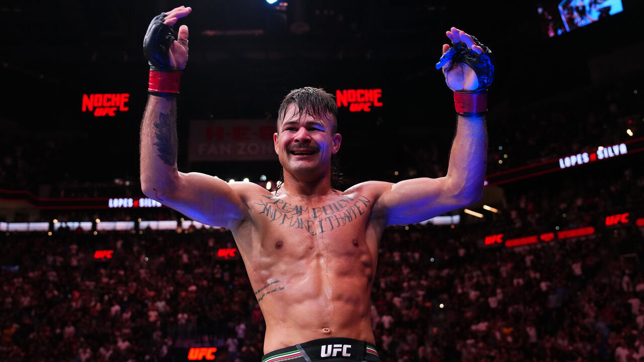 SAN ANTONIO, TEXAS - SEPTEMBER 13: Diego Lopes of Brazil reacts after defeating Jean Silva of Brazil in a featherweight fight during the Noche UFC event at Frost Bank Center on September 13, 2025 in San Antonio, Texas.