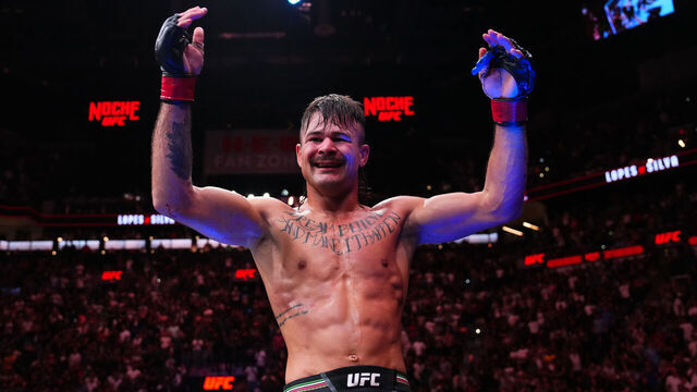 SAN ANTONIO, TEXAS - SEPTEMBER 13: Diego Lopes of Brazil reacts after defeating Jean Silva of Brazil in a featherweight fight during the Noche UFC event at Frost Bank Center on September 13, 2025 in San Antonio, Texas.