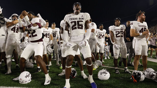 SOUTH BEND, INDIANA - SEPTEMBER 13: The Texas A&M Aggies celebrate after defeating the Notre Dame Fighting Irish at Notre Dame Stadium on September 13, 2025 in South Bend, Indiana.