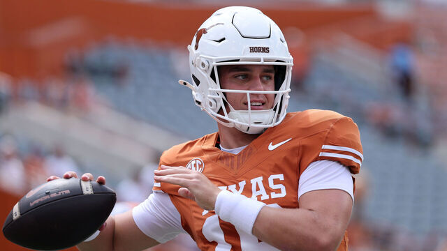 AUSTIN, TEXAS - SEPTEMBER 13: Arch Manning #16 of the Texas Longhorns warms up before the game against the UTEP Miners at Darrell K Royal-Texas Memorial Stadium on September 13, 2025 in Austin, Texas.