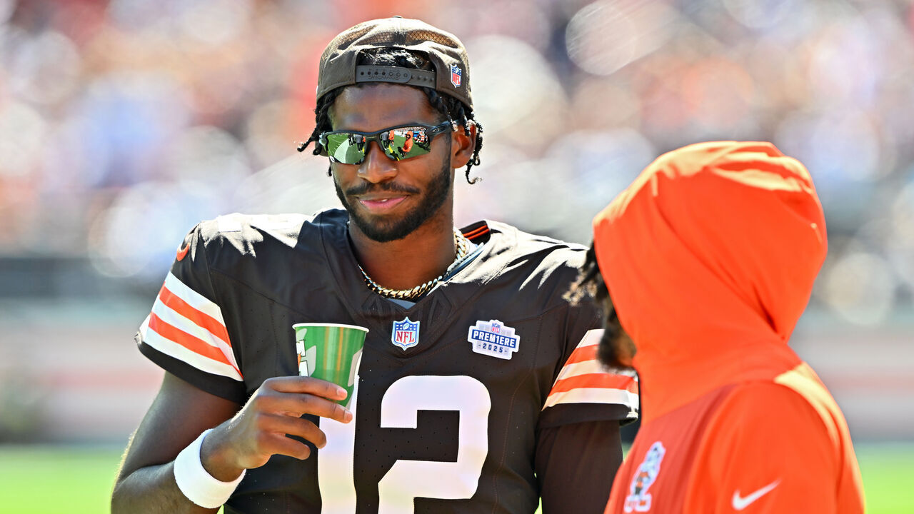 CLEVELAND, OHIO - SEPTEMBER 07: Shedeur Sanders #12 of the Cleveland Browns looks on during the third quarter against the Cincinnati Bengals during the game at Huntington Bank Field on September 07, 2025 in Cleveland, Ohio.