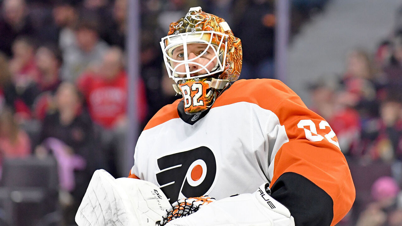 OTTAWA, ONTARIO - APRIL 13: Ivan Fedotov #82 of the Philadelphia Flyers during a stoppage of play in the second period of game against the Ottawa Senators at Canadian Tire Centre on April 13, 2025 in Ottawa, Ontario.
