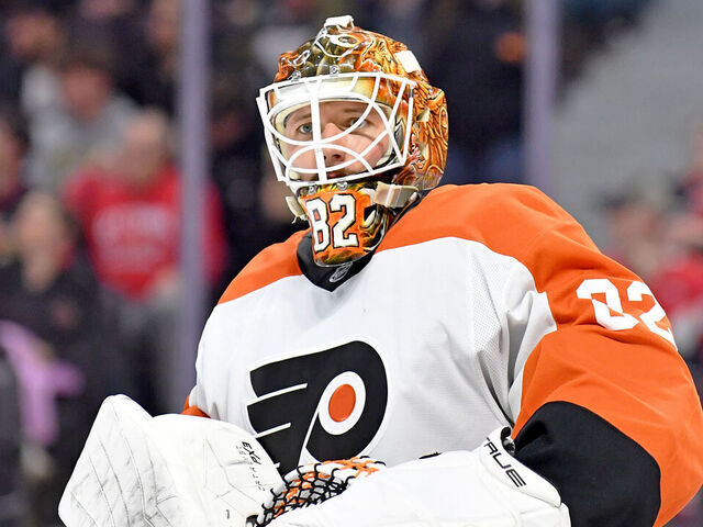 OTTAWA, ONTARIO - APRIL 13: Ivan Fedotov #82 of the Philadelphia Flyers during a stoppage of play in the second period of game against the Ottawa Senators at Canadian Tire Centre on April 13, 2025 in Ottawa, Ontario.