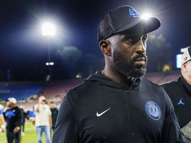 PASADENA CA - SEPTEMBER 12, 2025: UCLA Bruins head coach DeShaun Foster walks off the field after the Bruins 35-10 loss to New Mexico at the Rose Bowl on September 12, 2025 in Pasadena, California.(Gina Ferazzi / Los Angeles Times via Getty Images)