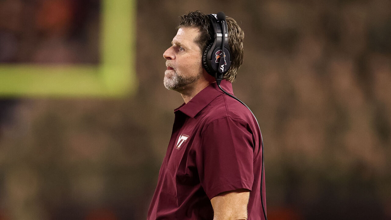 BLACKSBURG, VIRGINIA - SEPTEMBER 6: Head coach Brent Pry of the Virginia Tech Hokies looks on during the game against the Vanderbilt Commodores at Lane Stadium on September 6, 2025 in Blacksburg, Virginia.