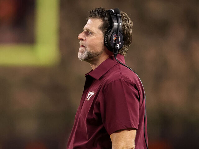 BLACKSBURG, VIRGINIA - SEPTEMBER 6: Head coach Brent Pry of the Virginia Tech Hokies looks on during the game against the Vanderbilt Commodores at Lane Stadium on September 6, 2025 in Blacksburg, Virginia.