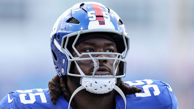 ORCHARD PARK, NEW YORK - AUGUST 09: James Hudson III #55 of the New York Giants looks on prior to an NFL Preseason 2025 game between New York Giants and Buffalo Bills at Highmark Stadium on August 09, 2025 in Orchard Park, New York.