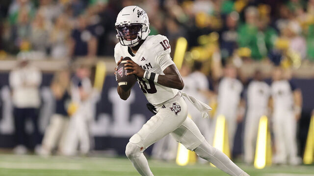 SOUTH BEND, INDIANA - SEPTEMBER 13: Marcel Reed #10 of the Texas A&M Aggies looks to pass against the Notre Dame Fighting Irish during the second half at Notre Dame Stadium on September 13, 2025 in South Bend, Indiana.