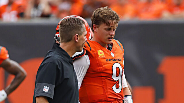 LEXINGTON, KY - SEPTEMBER 14: Quarterback Joe Burrow #9 of the Cincinnati Bengals is injured on a play in the second quarter of a game between the Jacksonville Jaguars and the Cincinnati Bengals on September 14, 2025, at Kroger Field in Lexington, KY.