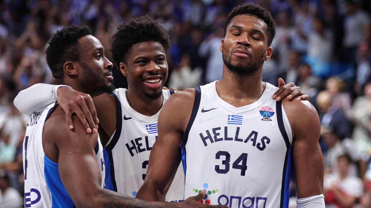 RIGA, LATVIA - SEPTEMBER 14: Thanasis Antetokounmpo of Greece, Kostas Antetokounmpo of Greece , Giannis Antetokounmpo of Greece celebrate third Place after the FIBA Eurobasket 2025 Third Place game between Greece v Finland at Arena Riga on September 14, 2025 in Riga, Latvia.