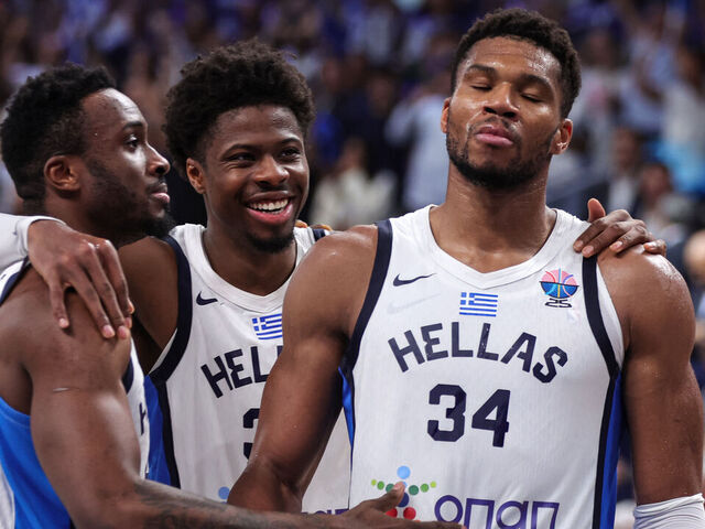 RIGA, LATVIA - SEPTEMBER 14: Thanasis Antetokounmpo of Greece, Kostas Antetokounmpo of Greece , Giannis Antetokounmpo of Greece celebrate third Place after the FIBA Eurobasket 2025 Third Place game between Greece v Finland at Arena Riga on September 14, 2025 in Riga, Latvia.