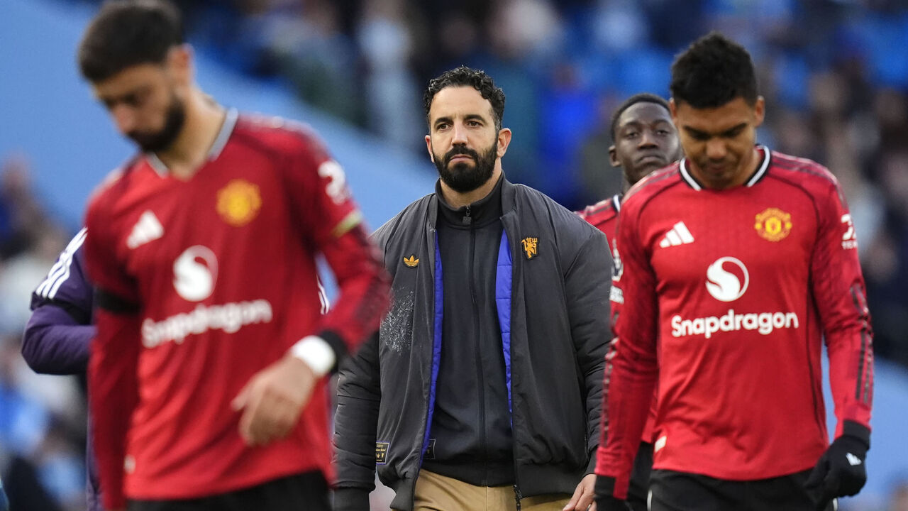 Manchester United manager Ruben Amorim appears dejected following the Premier League match at Etihad Stadium, Manchester. Picture date: Sunday September 14, 2025.