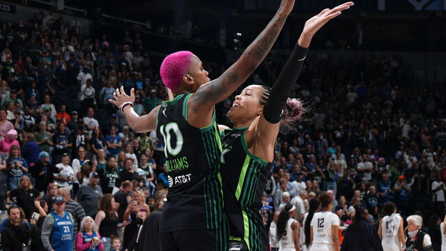 MINNEAPOLIS, MN - SEPTEMBER 14: Courtney Williams #10 celebrates with Napheesa Collier #24 of the Minnesota Lynx after the game against the Golden State Valkyries on September 14, 2025 at Target Center in Minneapolis, Minnesota. Mandatory Copyright Notice: Copyright 2025 NBAE