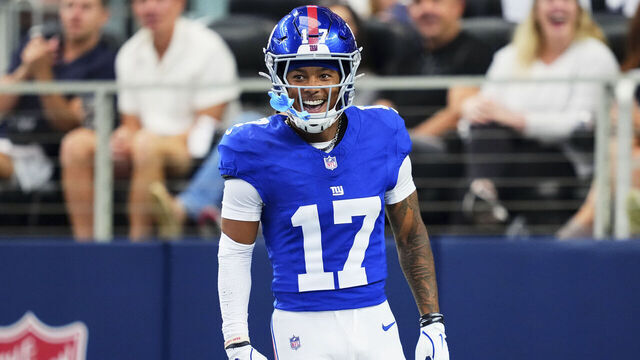 ARLINGTON, TX - SEPTEMBER 14: Wan'Dale Robinson #17 of the New York Giants reacts after a play against the Dallas Cowboys during the first half of an NFL football game at AT&T Field on September 14, 2025 in Arlington, Texas.