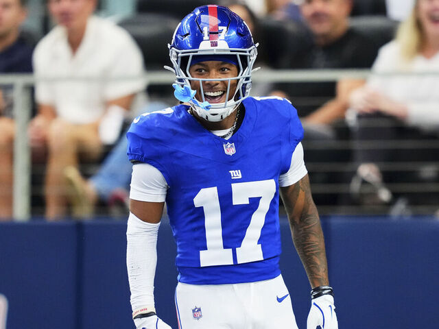 ARLINGTON, TX - SEPTEMBER 14: Wan'Dale Robinson #17 of the New York Giants reacts after a play against the Dallas Cowboys during the first half of an NFL football game at AT&T Field on September 14, 2025 in Arlington, Texas.