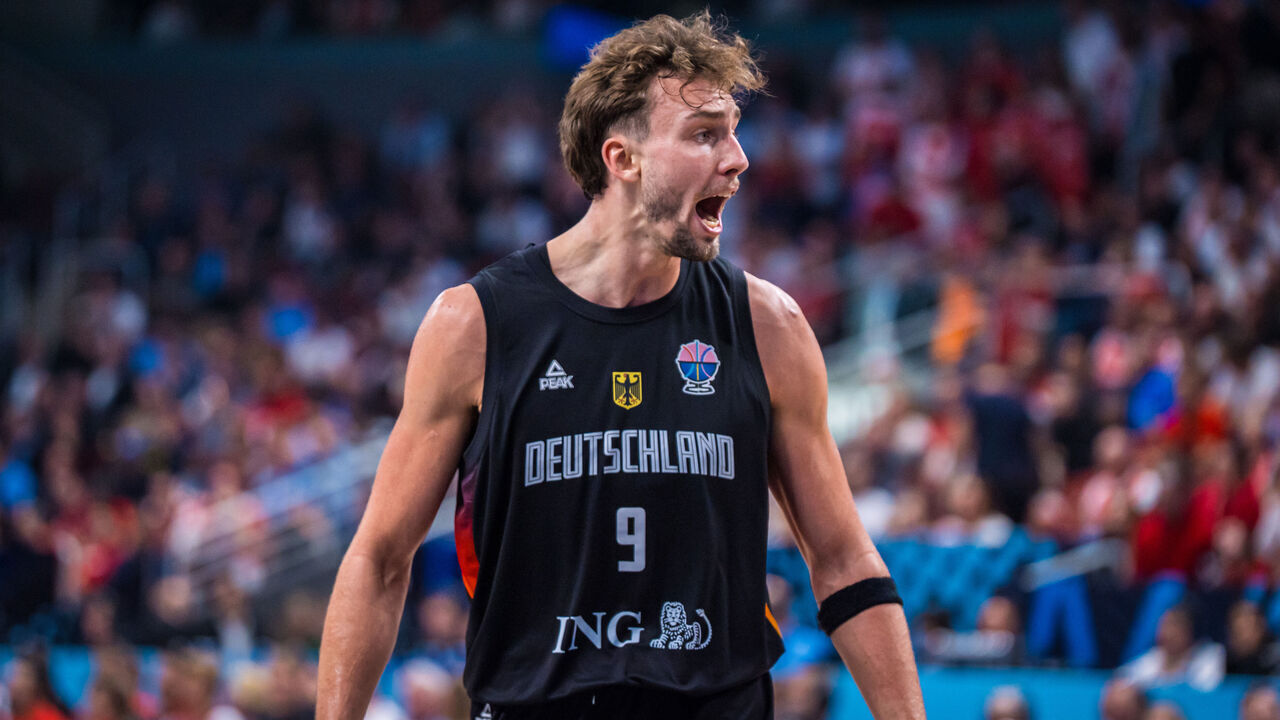 RIGA, LATVIA - SEPTEMBER 14: Franz Wagner of Germany celebratesduring the FIBA EuroBasket 2025 final between Turkey and Germany at Arena Riga on September 14, 2025 in Riga, Latvia.