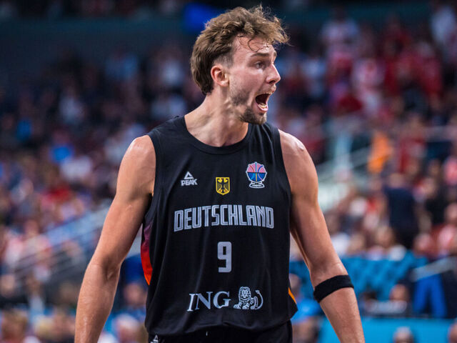 RIGA, LATVIA - SEPTEMBER 14: Franz Wagner of Germany celebratesduring the FIBA EuroBasket 2025 final between Turkey and Germany at Arena Riga on September 14, 2025 in Riga, Latvia.