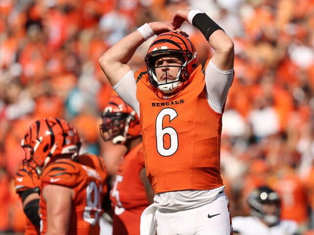 CINCINNATI, OHIO - SEPTEMBER 14: Jake Browning #6 of the Cincinnati Bengals reacts after defeating the Jacksonville Jaguars following the game at Paycor Stadium on September 14, 2025 in Cincinnati, Ohio.