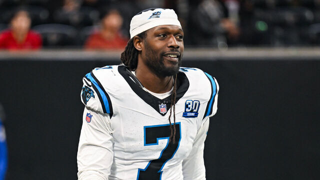 ATLANTA, GA JANUARY 05: Carolina linebacker Jadeveon Clowney (7) reacts during the NFL game between the Carolina Panthers and the Atlanta Falcons on January 5th, 2025 at Mercedes-Benz Stadium in Atlanta, GA.