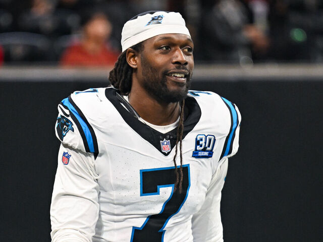 ATLANTA, GA JANUARY 05: Carolina linebacker Jadeveon Clowney (7) reacts during the NFL game between the Carolina Panthers and the Atlanta Falcons on January 5th, 2025 at Mercedes-Benz Stadium in Atlanta, GA.