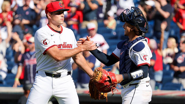 CLEVELAND, OH - SEPTEMBER 14: Cleveland Guardians relief pitcher Cade Smith (36) and Cleveland Guardians catcher Bo Naylor (23) celebrate following the Major League Baseball game between the Chicago White Sox and Cleveland Guardians on September 14, 2025, at Progressive Field in Cleveland, OH.
