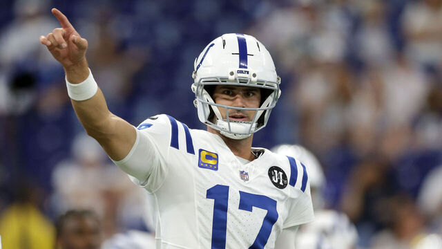 INDIANAPOLIS, INDIANA - SEPTEMBER 14: Daniel Jones #17 of the Indianapolis Colts warms up prior to the game against the Denver Broncos at Lucas Oil Stadium on September 14, 2025 in Indianapolis, Indiana.