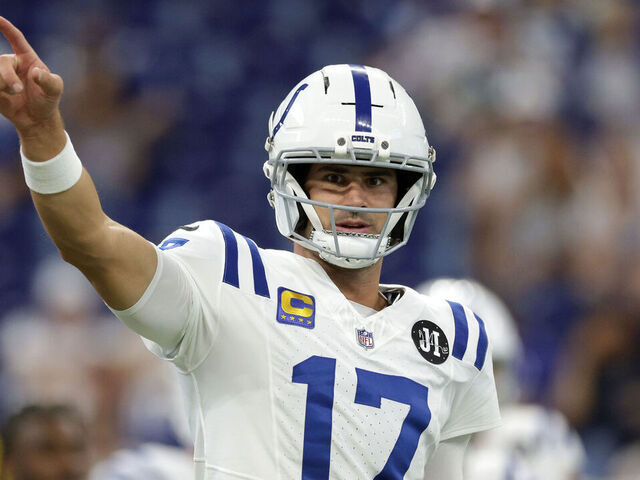 INDIANAPOLIS, INDIANA - SEPTEMBER 14: Daniel Jones #17 of the Indianapolis Colts warms up prior to the game against the Denver Broncos at Lucas Oil Stadium on September 14, 2025 in Indianapolis, Indiana.