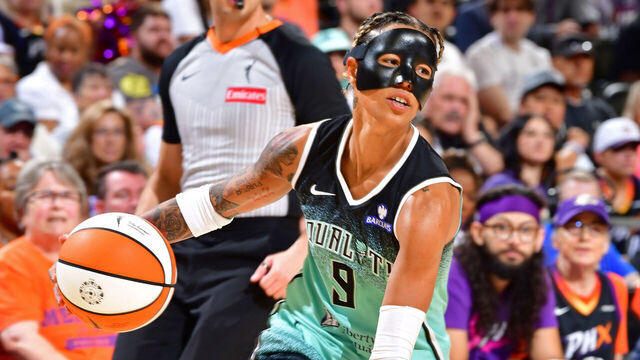 PHOENIX, AZ - SEPTEMBER 14: Natasha Cloud #9 of the New York Liberty dribbles the ball during the game against the Phoenix Mercury on September 14, 2025 at PHX Arena in Phoenix, Arizona. Mandatory Copyright Notice: Copyright 2025 NBAE
