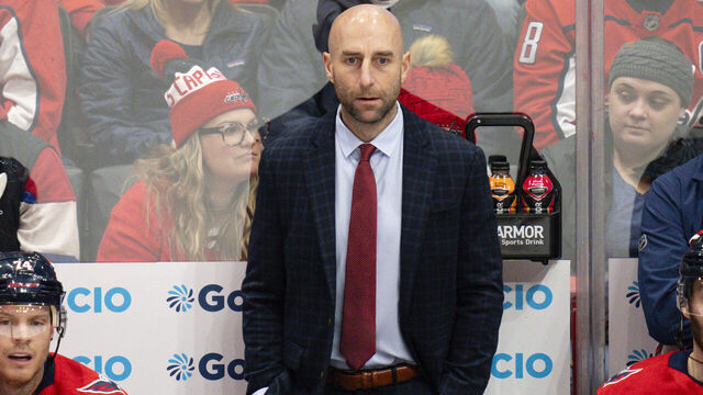WASHINGTON, DC - JANUARY 10: Washington Capitals assistant coach Mitch Love looks on during the first period of a game against the Montreal Canadiens at Capital One Arena on January 10, 2025 in Washington, D.C.