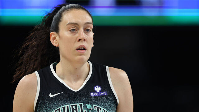 CHICAGO, ILLINOIS - SEPTEMBER 11: Breanna Stewart #30 of the New York Liberty looks on during the first half of the game against the Chicago Sky at Wintrust Arena on September 11, 2025 in Chicago, Illinois.