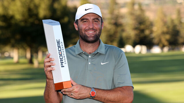 NAPA, CALIFORNIA - SEPTEMBER 14: Scottie Scheffler of the United States poses with the trophy after his winning round on the 18th hole during the final round of the Procore Championship 2025 at Silverado Resort and Spa on September 14, 2025 in Napa, California.