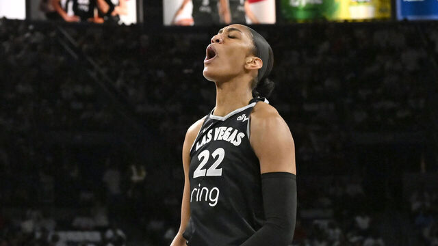LAS VEGAS, NV - SEPTEMBER 14: A'ja Wilson #22 of the Las Vegas Aces celebrates during the game against the Seattle Storm during Game One Round One of the 2025 WNBA Playoffs on September 14, 2025 at Michelob ULTRA Arena n Las Vegas, Nevada. Mandatory Copyright Notice: Copyright 2025 NBAE