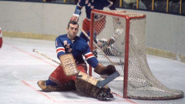 Hockey: New York Rangers goalie Ed Giacomin (1) in action vs Chicago Blackhawks at Madison Square Garden. New York, NY 12/3/1969 CREDIT: Walter Iooss Jr. (Set Number: X14584 )