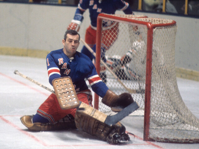 Hockey: New York Rangers goalie Ed Giacomin (1) in action vs Chicago Blackhawks at Madison Square Garden. New York, NY 12/3/1969 CREDIT: Walter Iooss Jr. (Set Number: X14584 )