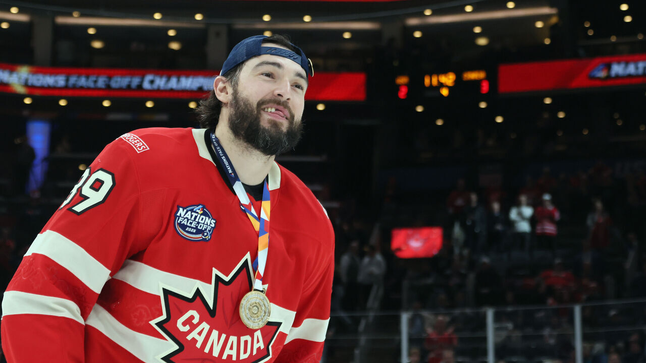 BOSTON, MASSACHUSETTS - FEBRUARY 20: Drew Doughty #89 of Team Canada skates with their championship medal after defeating Team United States in overtime to win the NHL 4 Nations Face-Off Championship Game at TD Garden on February 20, 2025 in Boston, Massachusetts.