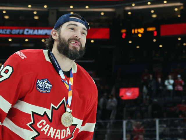 BOSTON, MASSACHUSETTS - FEBRUARY 20: Drew Doughty #89 of Team Canada skates with their championship medal after defeating Team United States in overtime to win the NHL 4 Nations Face-Off Championship Game at TD Garden on February 20, 2025 in Boston, Massachusetts.