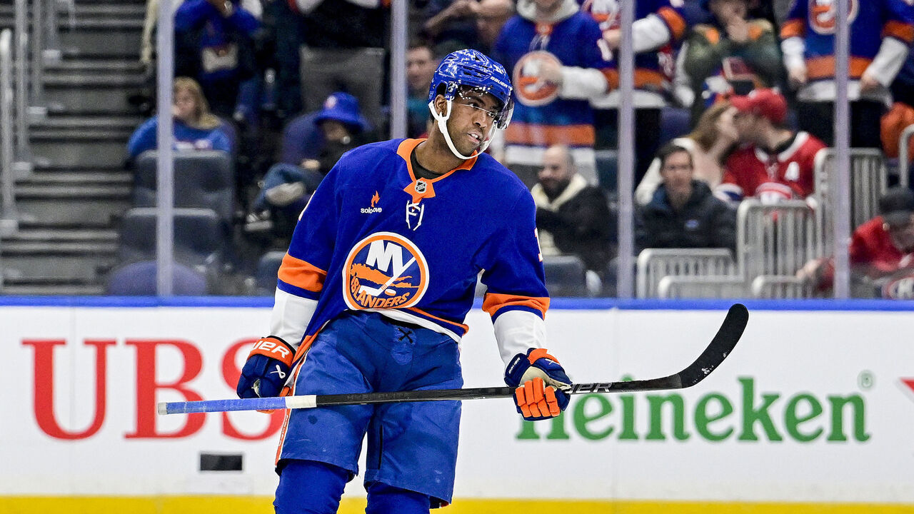 ELMONT, NEW YORK - MARCH 20: Anthony Duclair #11 of the New York Islanders reacts after scoring a goal against the Montreal Canadiens during the game at UBS Arena on March 20, 2025 in Elmont, New York.