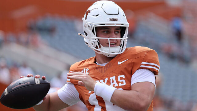 AUSTIN, TEXAS - SEPTEMBER 13: Arch Manning #16 of the Texas Longhorns warms up before the game against the UTEP Miners at Darrell K Royal-Texas Memorial Stadium on September 13, 2025 in Austin, Texas.