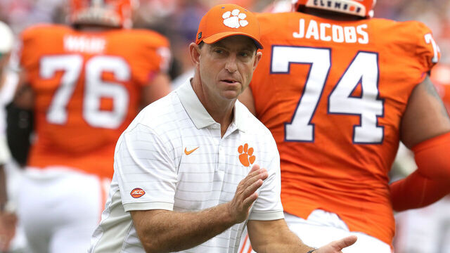 Clemson Tigers head coach Dabo Swinney CLEMSON, SC - SEPTEMBER 06: during a college football game between the Troy Trojans and the Clemson Tigers on September 6, 2025, at Clemson Memorial Stadium in Clemson, S.C.