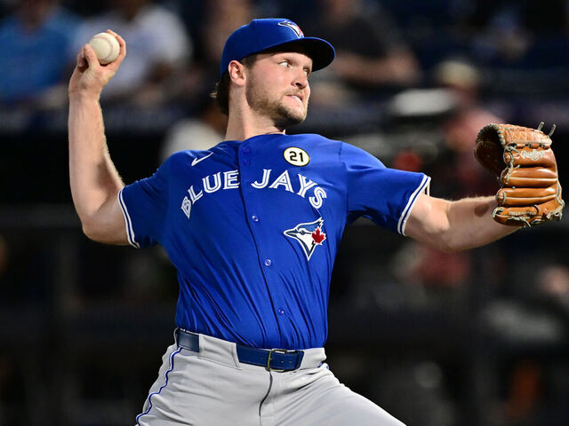 TAMPA, FLORIDA - SEPTEMBER 15: Trey Yesavage #39 of the Toronto Blue Jays delivers a pitch in the first inning against the Tampa Bay Rays during his Major League Debut at George M. Steinbrenner Field on September 15, 2025 in Tampa, Florida.